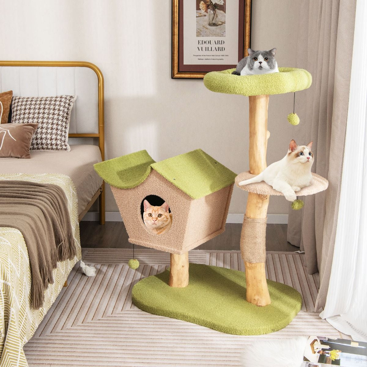 Cute Cat Activity Center with Padded Top Perch and Dangling Bell Balls for Indoor Cats