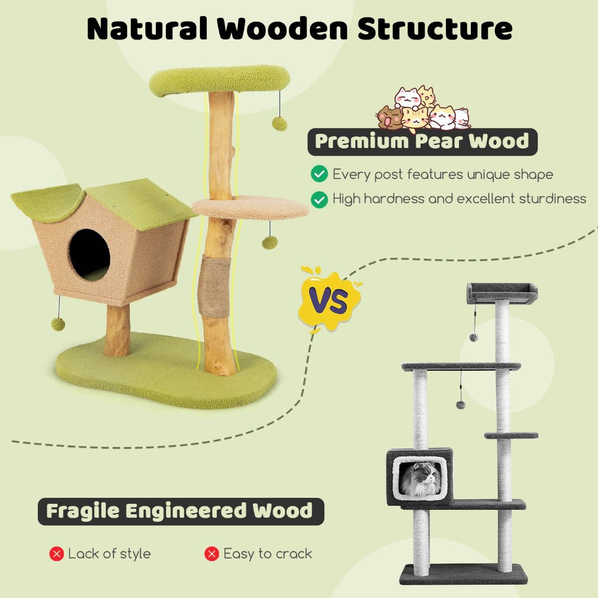 Cute Cat Activity Center with Padded Top Perch and Dangling Bell Balls for Indoor Cats