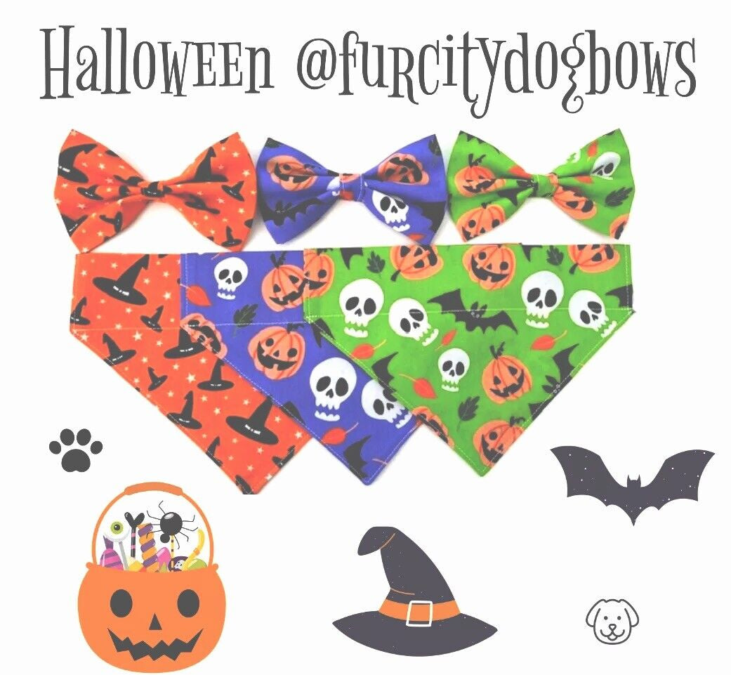 Halloween Dog Collar Accessories Bow & Bandana Handmade in UK. Multi Sizes